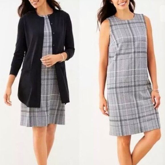 J JILL Ponte Gray Plaid Soft Knit Shift Dress S Side Pockets Preppy Sleeveless - Picture 2 of 13